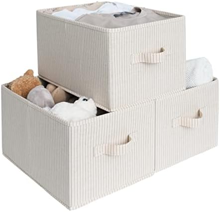 StorageWorks Large Storage Baskets for Shelves, Rectangular Closet Organizers with Handles, Foldable Closet Storage Baskets for Utility Room, 3-Pack, Beige Stripes