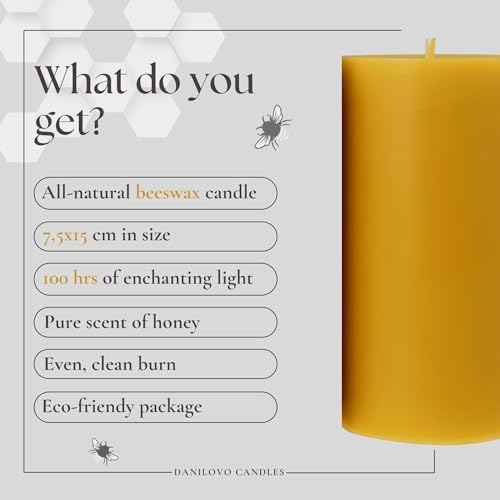 Danilovo Stumpenkerzen aus 100% Bienenwachs – Bienenwachskerzen in Premium-Qualität, Luxuriöses Accessoire für ein Gemütliches Zuhause (1 Stk., 7.5 x 15 cm, Brenndauer 100 Std)