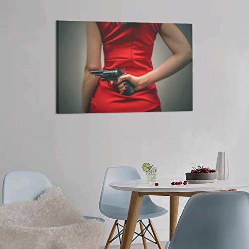 Sensuality Red Dress Women Gun Handgun Canvas Poster Bedroom Decor Sports Landscape Office Room Decor Gift,Canvas Poster Wall Art Decor Print Picture Paintings For Living Room Bedroom Decoration 24X36 #TOP1