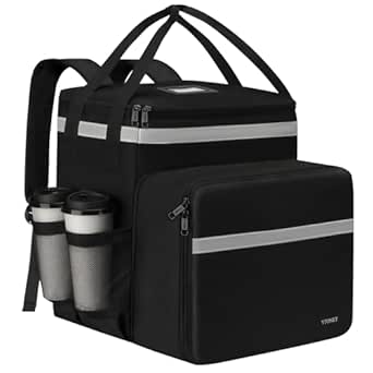 Ytonet Food Delivery Backpack with 7 Cup Holders, XX-Large Expandable Insulated Delivery Bag for Hot/Cold Food, Reflective Strip, Grey