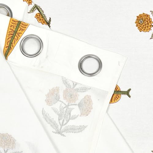 Image of BLOCKS OF INDIA Hand Block Printed Cotton Daylight Curtains with Eyelets | Mustard Green Paisley, Door- 7 Feet (Pack of 2)