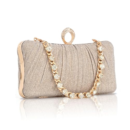 AIBAOWU Gold Evening Bag Glitter Pleated Clutch Purses for Women Wedding Clutch with Rhinestone Ring, Party Purse Prom Cocktail Bag