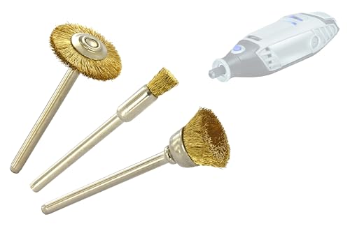 TIVOLY - Lot de 3 Brosses Laiton Multi-Formes - Pinceau (Ø5mm), Coupe (Ø12mm), Circulaire (Ø19mm) - Brossage du Bois et des Métaux Tendres - Attache : Queue Cylindrique Ø3,2mm - Pour DREMEL/PROXXON