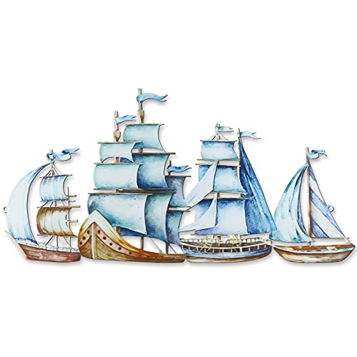 Funtery Coastal Blue Metal Sailboat Wall Decor Metal Model Sail Boat Decorations Nautical Themed Table Top Decor Multi Colored Sailboat Home Decor Wall Sculpture Coastal Transportation Wall Decor #TOP29