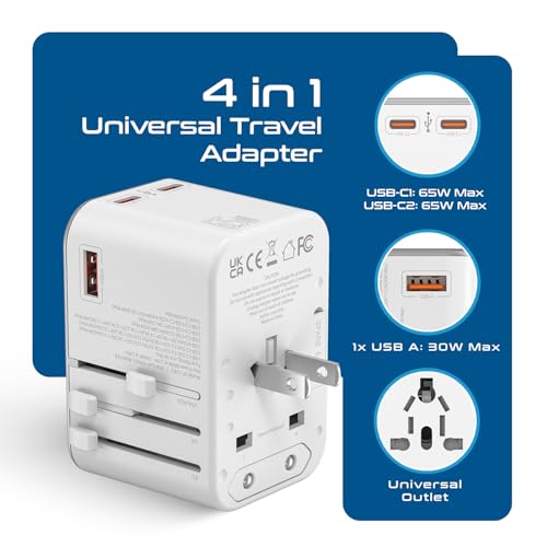 Image of Ceptics TravelAdapter 4 in 1 65W Universal Travel Adapter with Type C - India to International Travel Adapter Plug Socket, 1 x USB, 2 x USB-C (3.1A) Fast Charging, 10 Years Warranty - White
