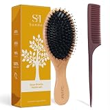 Sunher Cepillo de pelo de cerdas de jabalí, cepillo de pelo de madera con peine de cola de plástico para cabello largo y grueso