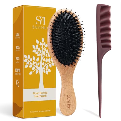 SunHer Boar Bristle Hair Brush with Nylon Pins for Fine Thick Hair