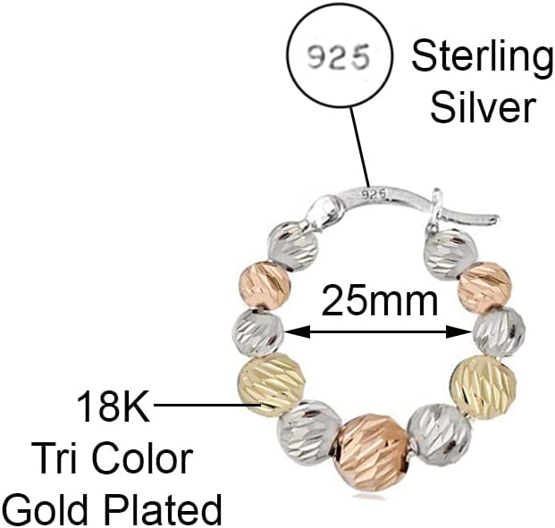 Savlano 925 Sterling Silver Beaded Round Hoop Earrings – 18K Gold Tri Color Plated Hoop Earrings for Women - Made In Italy Comes with Savlano Gift Box - Image 4