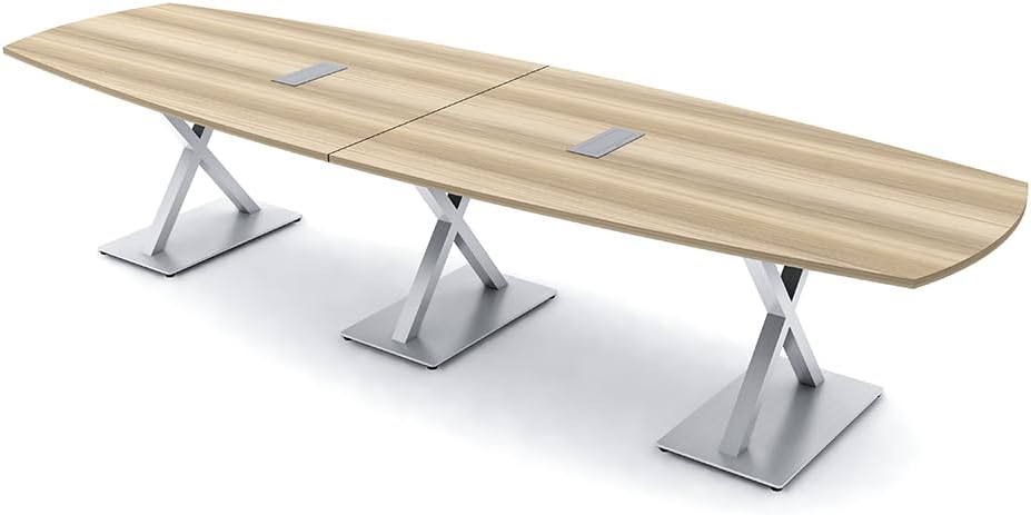 12 Person Arc Boat Modular Conference Table with Power & Data | Brushed Silver X-Bases | Harmony Series Meeting Tables for Offices, Training Rooms, and Homes | Scratch-Resistant | Blonde Surfside Ash
