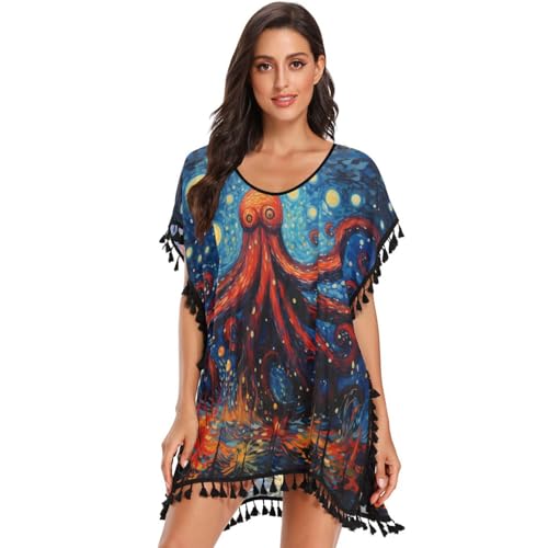 Octopus Red Blue Art Women's Beach Cover Up Chiffon Tassel Swimwear Swimsuit Coverups for Girl