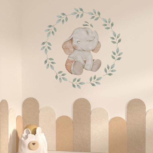 Image of Baby Elephant Leaf Wreath Wall Sticker for Nursery - Large 48x48 cm Watercolour Elephant Botanical Wreath Wall Decal Peel and Stick Wall Art Above Cot Baby Bedroom