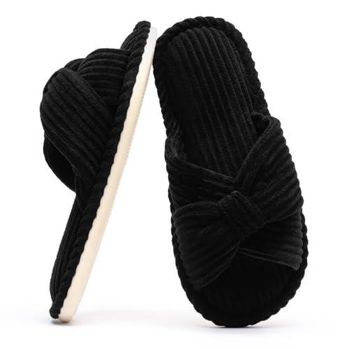 Image of Chantomoo Slippers for Women Memory Foam House Womens Slipper Slides Home Bedroom Bathroom Spa Open Toe Corduroy Bow Slippers Cozy Comfortable