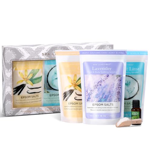 Bath Salts for Women, Spa Luxetique Epsom Salts for Soaking, 3pc Bath Salt Gifts Set, Lavender, Vanilla and Coconut Scent with Tea Tree Oil Gifts for Her Birthday Gifts