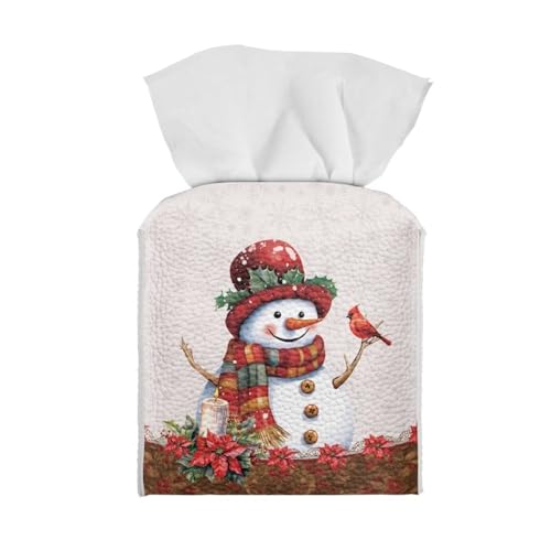Eheartsgir Christmas Snowman Red Bird Tissue Box Cover PU Leather Square Tissue Box Holder Easy to Clean Bathroom Night Stands Tissue Case for Family Member Gifts Christmas Decor