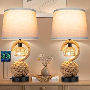 22″ Rope Lamps for Night Stands, Dual-Lights Bedside Lamps Set of 2, Boho Table Lamps for Living Room, 3-Color Temperatures Boho Lamp with Rotary Switch, Rattan Lamp with USB Ports, 4 Bulbs Included