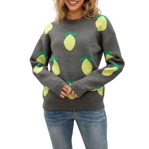 Suéter de punto para mujer con estampado de invierno cuello redondo y tops informales