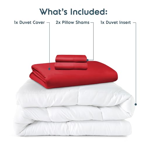 Nestl King Duvet Cover Set with Comforter Insert - Red 4 Piece 104x90 Duvet Cover & 2 Pillow Shams with White Quilted Down Alternative Comforter, Ultra Soft, All Season