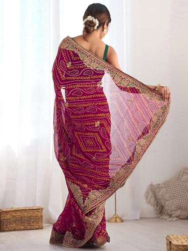 Image of Satrani Women's Georgette Bandhani Printed Embroidered gota lace Saree with Unstitched Blouse Piece
