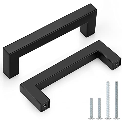 Probrico 5 Pack Matte Black Bar Cabinet Pulls 3 3/4 Hole Centers Stainless Steel Square Dresser Drawer Pulls Handles Bedroom Closet Kitchen Modern Furniture Hardware