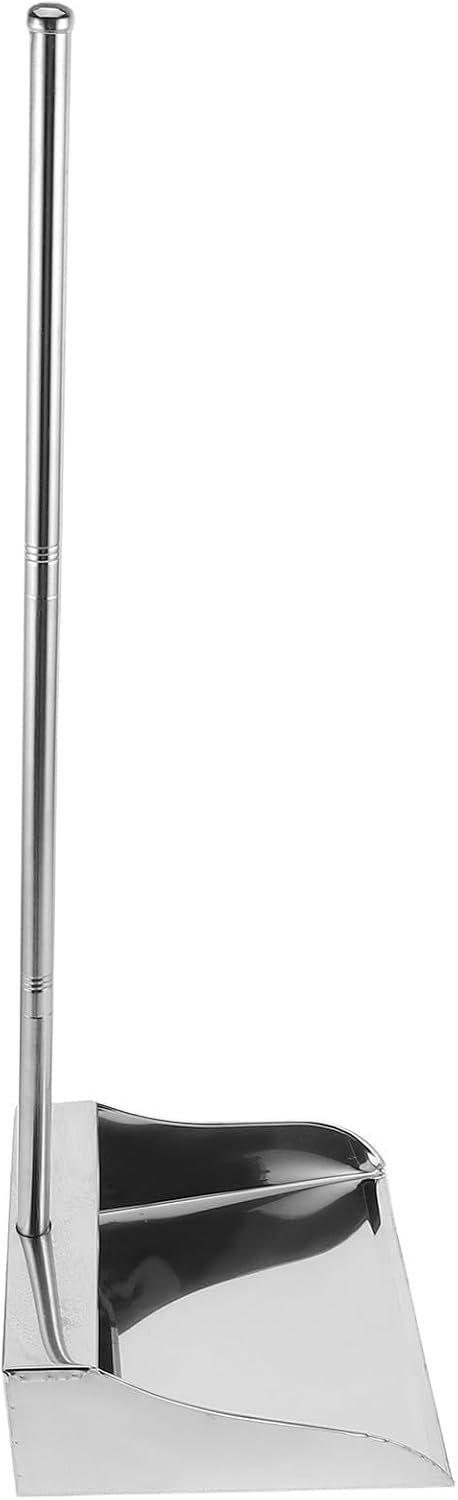 Heavy Duty Stainless Steel Dustpan with Long Ergonomic Handle Large Capacity Upright Dust Pan for Indoor Floor Debris Cleaning and Household Use