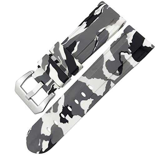Bracelet de montre en caoutchouc 24mm 26mm style camouflage blanc et boucle argentée pour Panerai