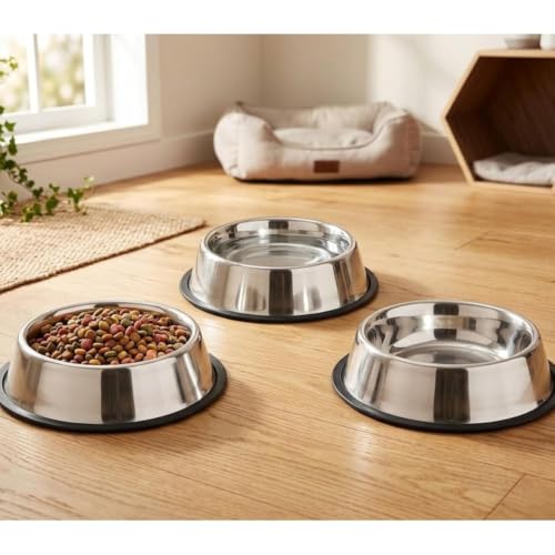 Image of Pets Empire Dog & Cat Bowls Stainless Steel, Pack of 3, Anti-Skid Feeding Bowls for Food & Water, Heavy Duty Metal Pet Bowl, Rust Proof, Dishwasher Safe for Puppies, Cats & Dogs (3, 2500 ML)
