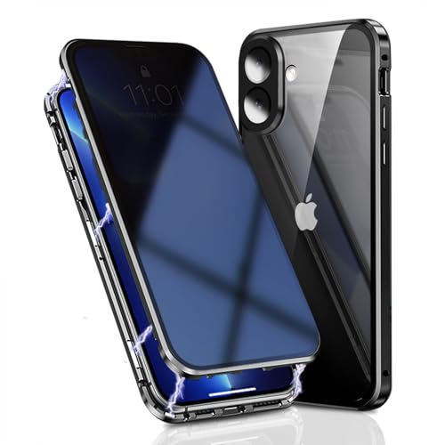 OMGZONE Privacy Case for iPhone 16 Magnetic Cover,Screen Protector built-in Anti-peep Tempered Glass Full Cover with Camera Protector,360 Degree Metal Bumper Case for iPhone 16,Black