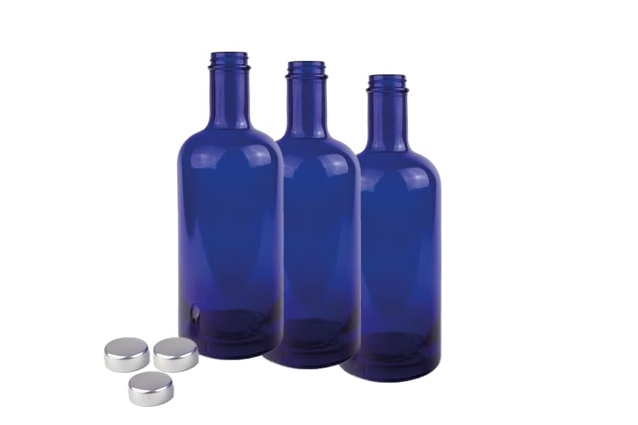 Altezza 23 cm, diametro 8 cm. BELLEROFONTE Bottiglia Modello Gin in Vetro Blu solarizzata per Acqua 750 ml con Tappo 3 PZ