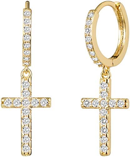 LAVLA Silver/Gold Cross Hoop Earrings - 14K Gold Plated Cubic Zirconia Pave Small Hoop Earrings With Dangle Cross for Women Men (Gold/Clear Cz)