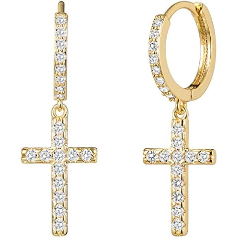 LAVLA Silver/Gold Cross Hoop Earrings - 14k Gold Plated Cubic Zirconia Pave Small Hoop Earrings Dangle Cross for Women Men, Crystal Metal, Cubic Zirconia Cover