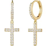 LAVLA Silver/Gold Cross Hoop Earrings - 14K Gold Plated Cubic Zirconia Pave Small Hoop Earrings With