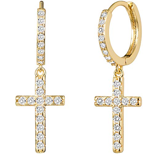 Lavla Silver/Gold Cross Hoop Earrings - 14K Gold Plated Cubic Zirconia Pave Small Hoop Earrings With Dangle Cross For Women Men (Gold/Clear Cz) #TOP15