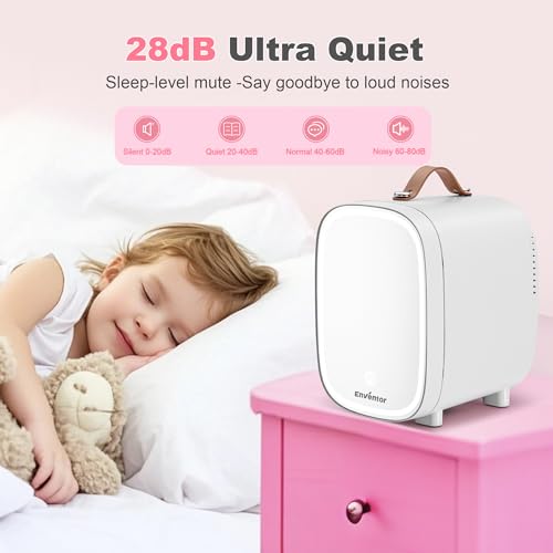 Enventor Mini-Kühlschrank 4L/6 Dosen, Kosmetik Kühlschrank mit Dimmbarem LED-Lichtspiegel, AC+12V DC, Kühler & Wärmer für Schlafzimmer, Zuhause, Auto/Hautpflege und Lebensmittel, Weiß