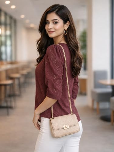 Image of Style Quotient Women self Design Maroon Cotton top