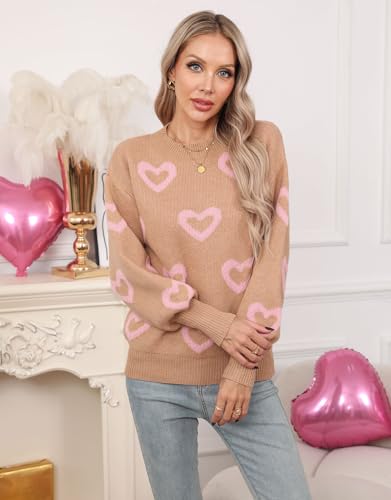 Image of Women's Long Sleeve Mock Neck Sweaters Loose Cute Heart Pullover Sweater