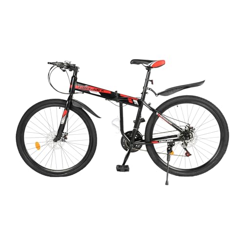 KLOOLIVE Bicicleta de montaña plegable de 21 marchas, 26 pulgadas, bicicleta de montaña para adultos, con freno de disco (negro y rojo)