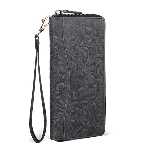 Oak Leathers Leather Wallet for Women - RFID Womens Wallet Clutch with 8 Credit Card Holder, Coin Pocket, Gift for Women’s, Ladies Purse (Hunter Embossed Black)