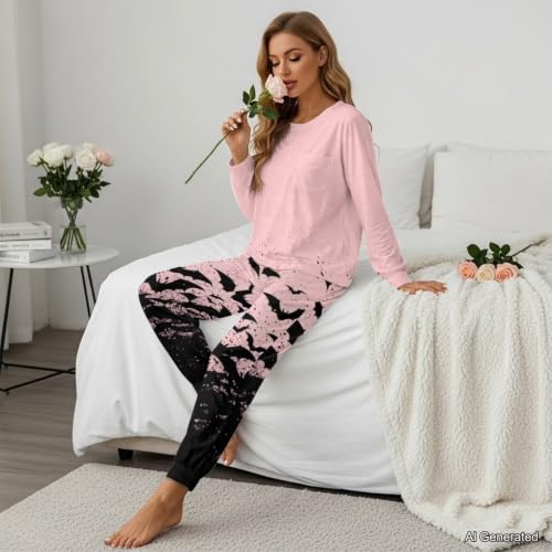 Image of Womens Lounge Set Long Sleeve Soft Pajama Sets | Casual 2 Piece Pj Outfit, Crewneck Sleepwear with Pockets, Adjustable Drawstring, Soft Comfy Fall Pajamas, Plus Size