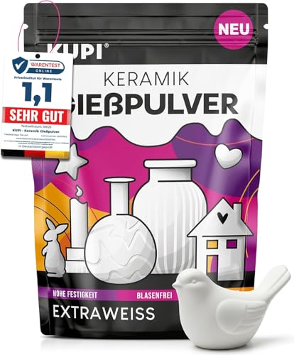 KUPI 0,9kg Gips zum Gießen Lufthärtend & Geruchlos | Keramik Gießpulver Weiß | Gießmasse für Silikonformen | Reliefgießpulver zum Basteln Modellieren Strukturieren
