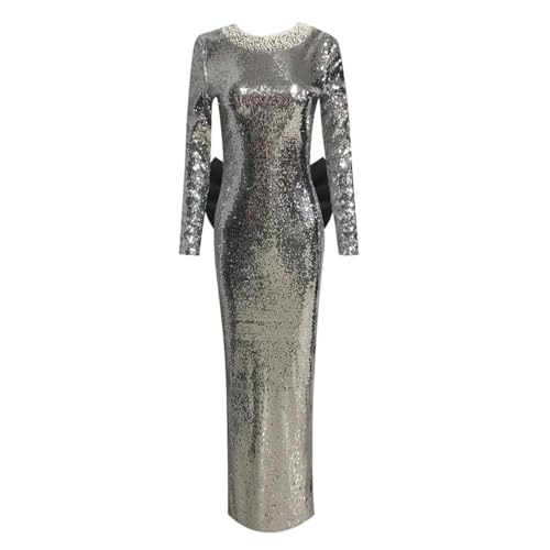 Women Sequin Party Dress Slim Long Sleeve Nail Bead Backless