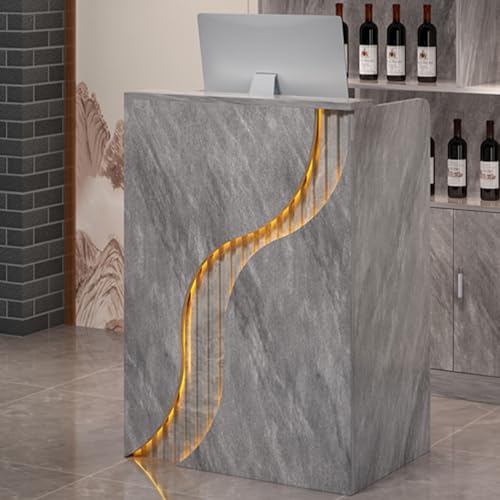Elegante escritorio de recepción gris con cajón y organizador de cables, mostrador frontal de 60 cm para tiendas y oficinas, muebles elegantes para área de recepción