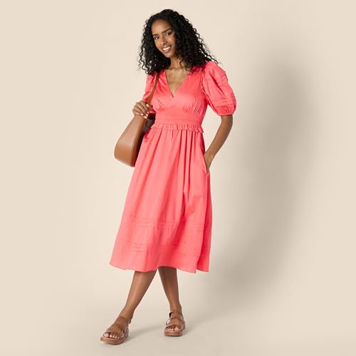 Image of Amazon Essentials Women's Regular-Fit Cotton Sateen Puff Sleeve Midi Dress, V-Neck