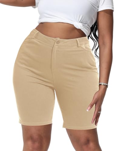 Gocolloa Womens Plus Size Bermuda Shorts Stretchy High Waisted Summer Casual Midi Shorts Light Khaki 18W