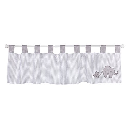 Safari Chevron Window Valance - Chevron Body, Gray Dot Tabs, Elephant Appliques, Tab Top, Gray and White, 56 in x 15 in