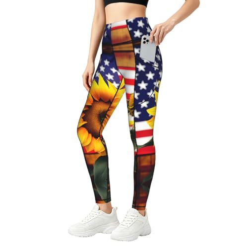 Leggings de girasol y bandera EE. UU. SABFWF para mujer con bolsillos