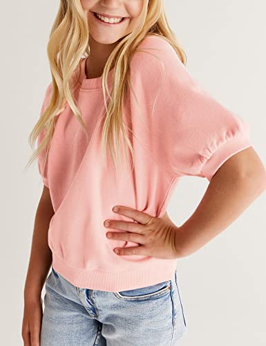 Image of Kids Girls Cute T-Shirt Short Puff Sleeve Basic Solid Casual Loose Pullover Ribbed Cuffs Hem Pink Tees Size 4-13Years