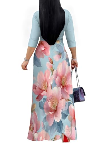 Image of PinkPatty Plus Size Maxi Dress for Women Casual V Neck 3 /4 Sleeve Boho Printed Long Dress with Pockets