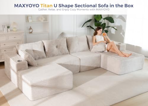 Image of MAXYOYO Boneless Couch, 132 inch U-Shaped Modular Sofa, Right-Facing Chaise | Grayish Beige Giant Sofa in a Box Oversized Deep Seating, Modular Comfort and No Assembly, Ideal for Spacious Living Rooms.