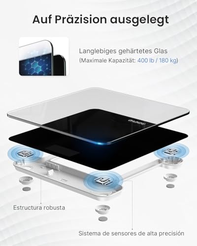 RENPHO Personenwaage, Körperwaage mit Hochpräzisions-Sensoren, Personen Digitalwaage mit Step-On-Technik, Gewichtswaage aus Sicherheitsglas, Schwarz
