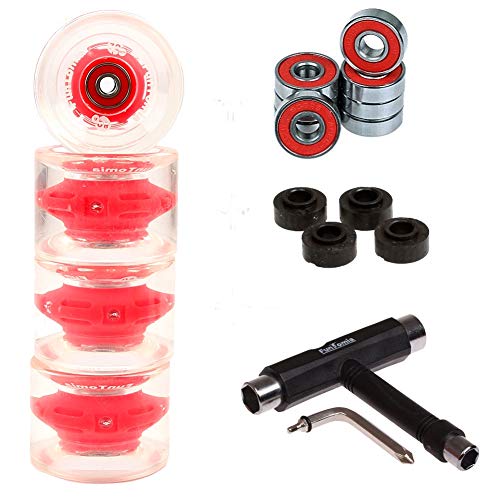 FunTomia - 4 Ruedas LED para Longboard, 70 x 51 mm, 80A, con 8 rodamientos de Bolas Mach1 ABEC-11 + T-Tool (Rojo/con LED + T-Tool) Cover
